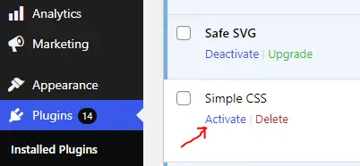 Activate Simple CSS plugin after menu customization