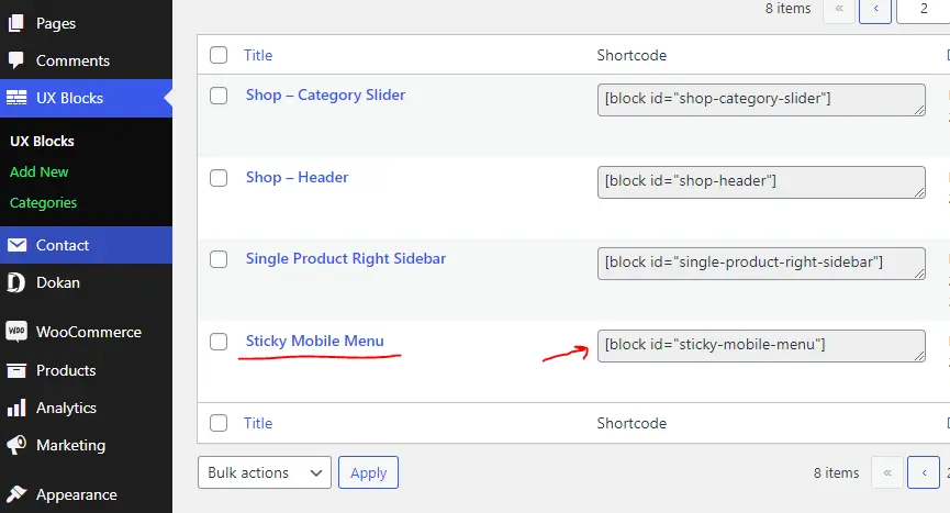 Copy the short-code of sticky mobile menu UX-block