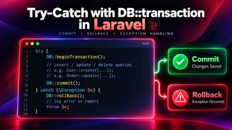 How to use try-catch with DB::transaction in Laravel